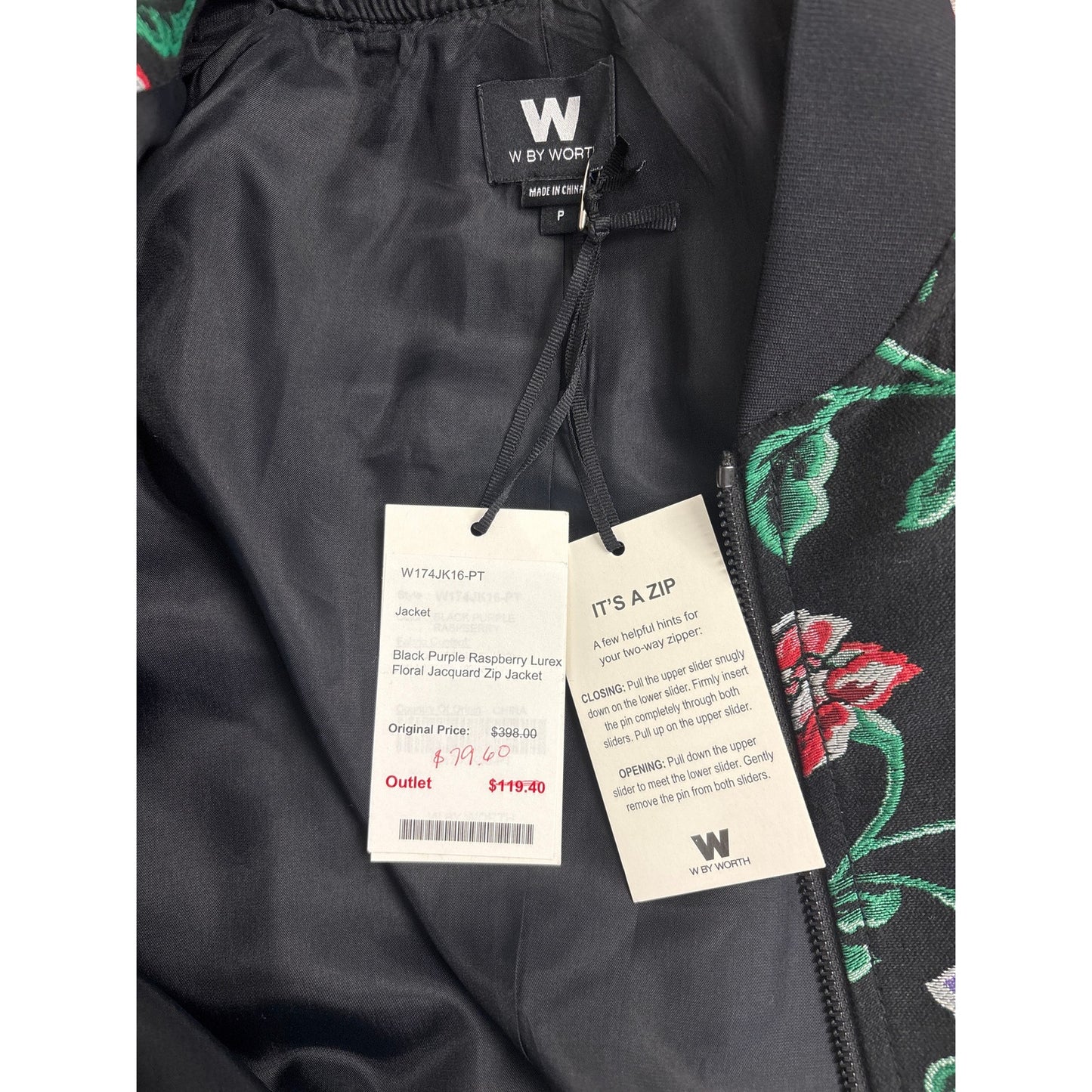 NWT W By Worth Black Purple Raspberry Lurex Floral Jacquard Jacket Sz P