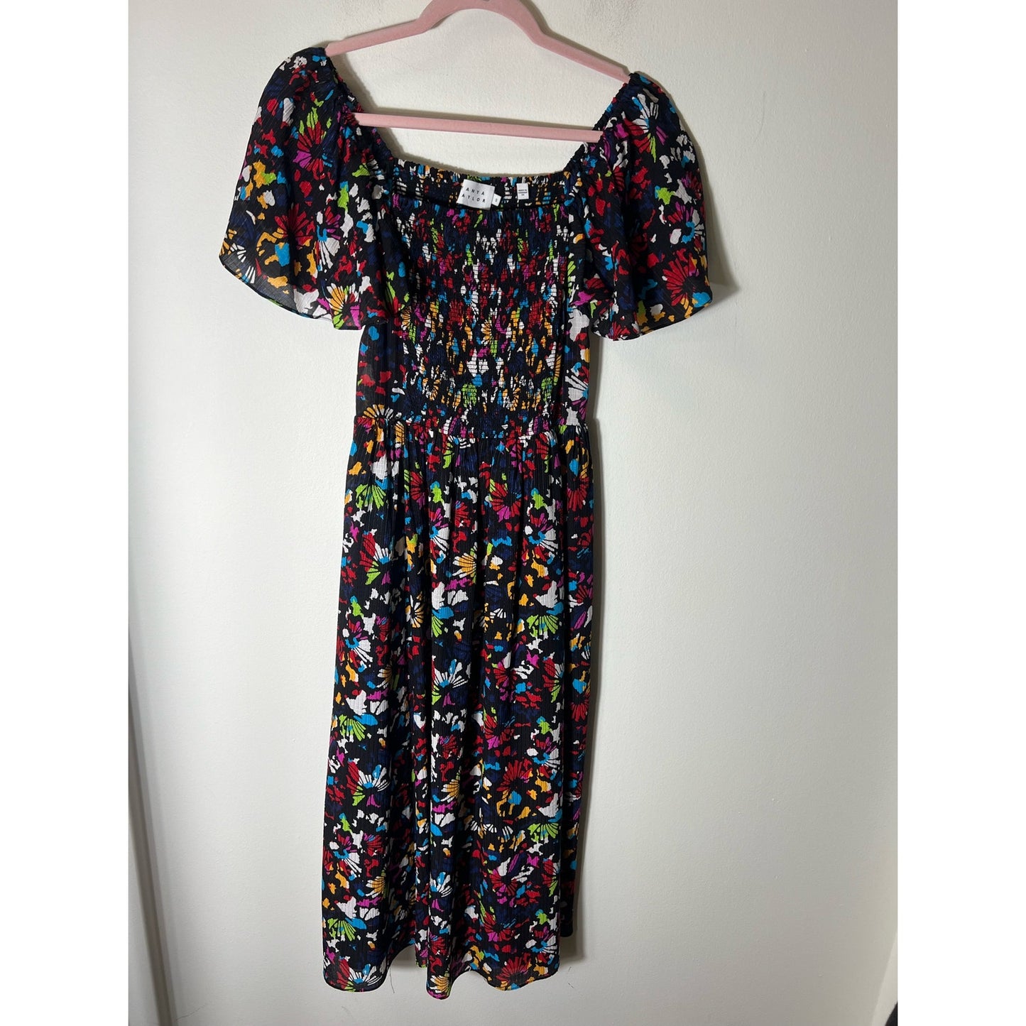 Tanya Taylor Black & Multi Silk Smocked Bodice Ruffle Cap Sleeve Dress Sz S