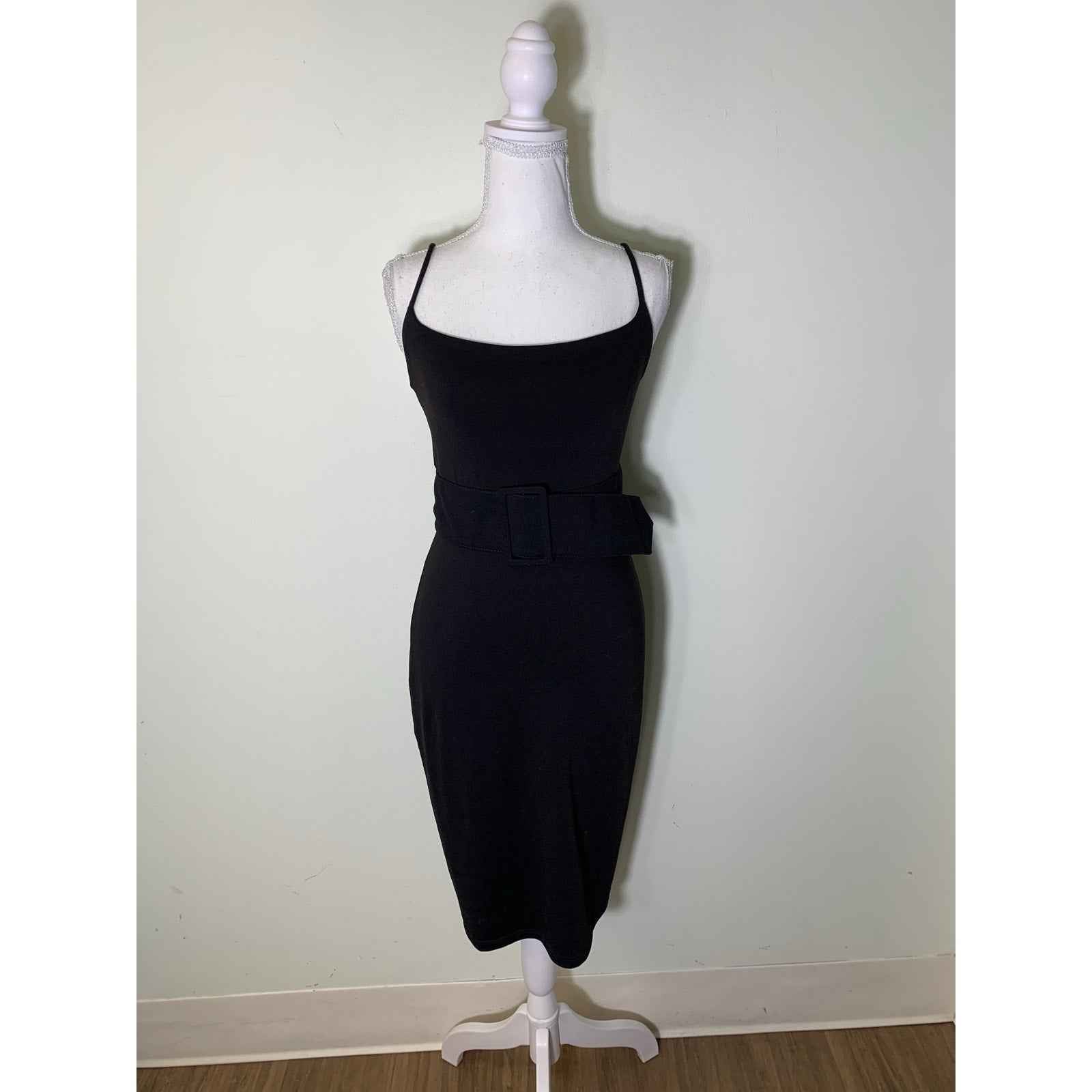 Susana Monaco Black Spaghetti Strap Belted Body Con Below The Knee Dress Sz xs