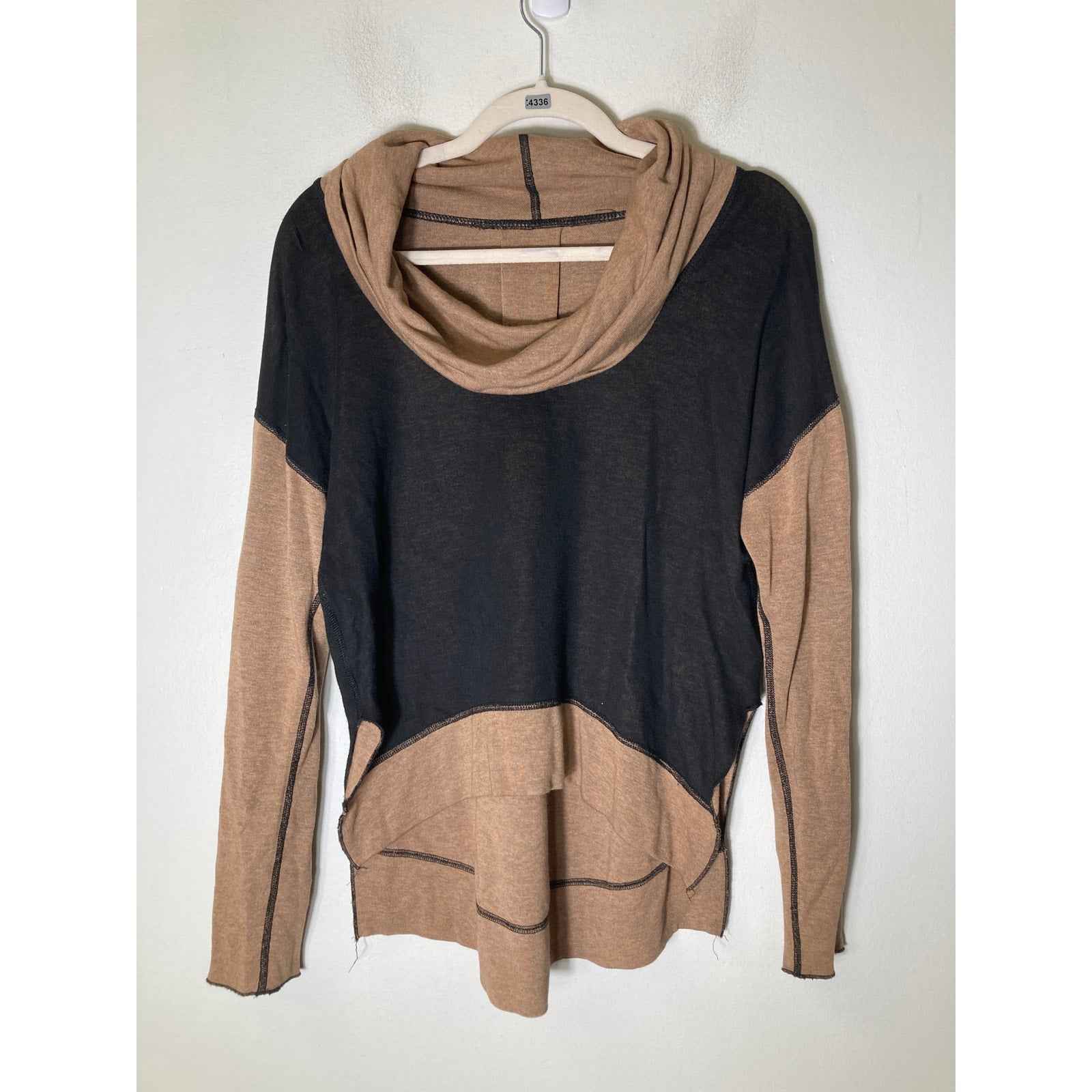 Three Dot Tan Black Long Sleeve Cowl Neck Hi Low Shirt Sz S