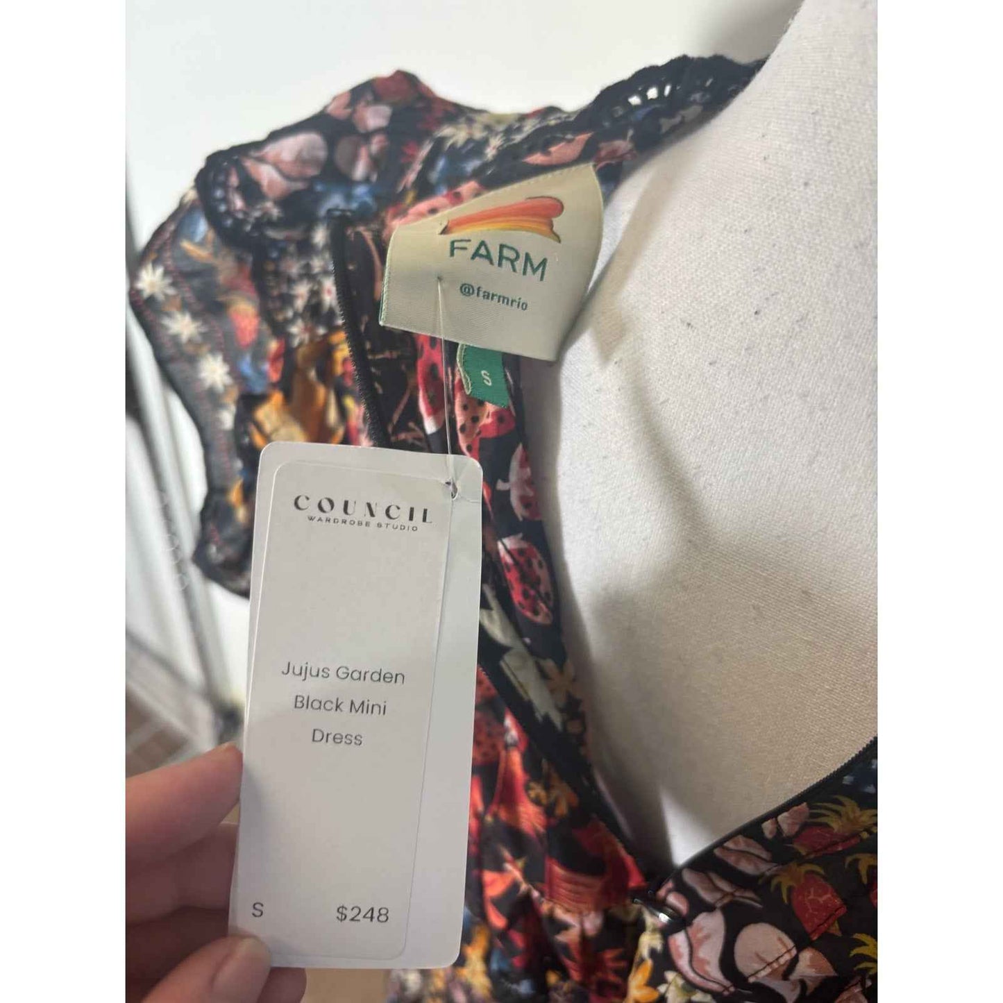NWT Farmrio Black Floral Half Sleeve Back Zip Mini Dress Sz S