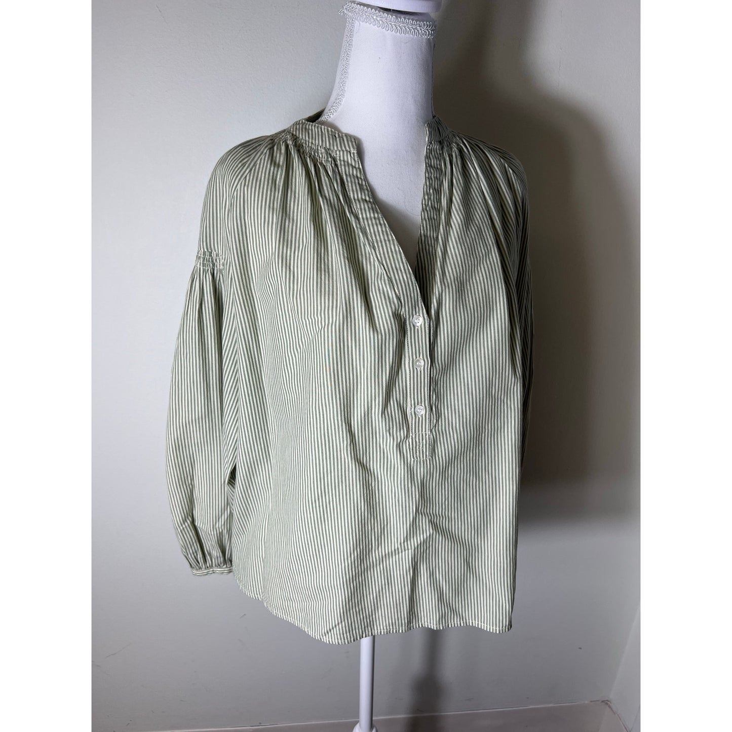 Vanessa Bruno Green White Stripe Long Bubble Sleeve Cotton Shirt Sz S