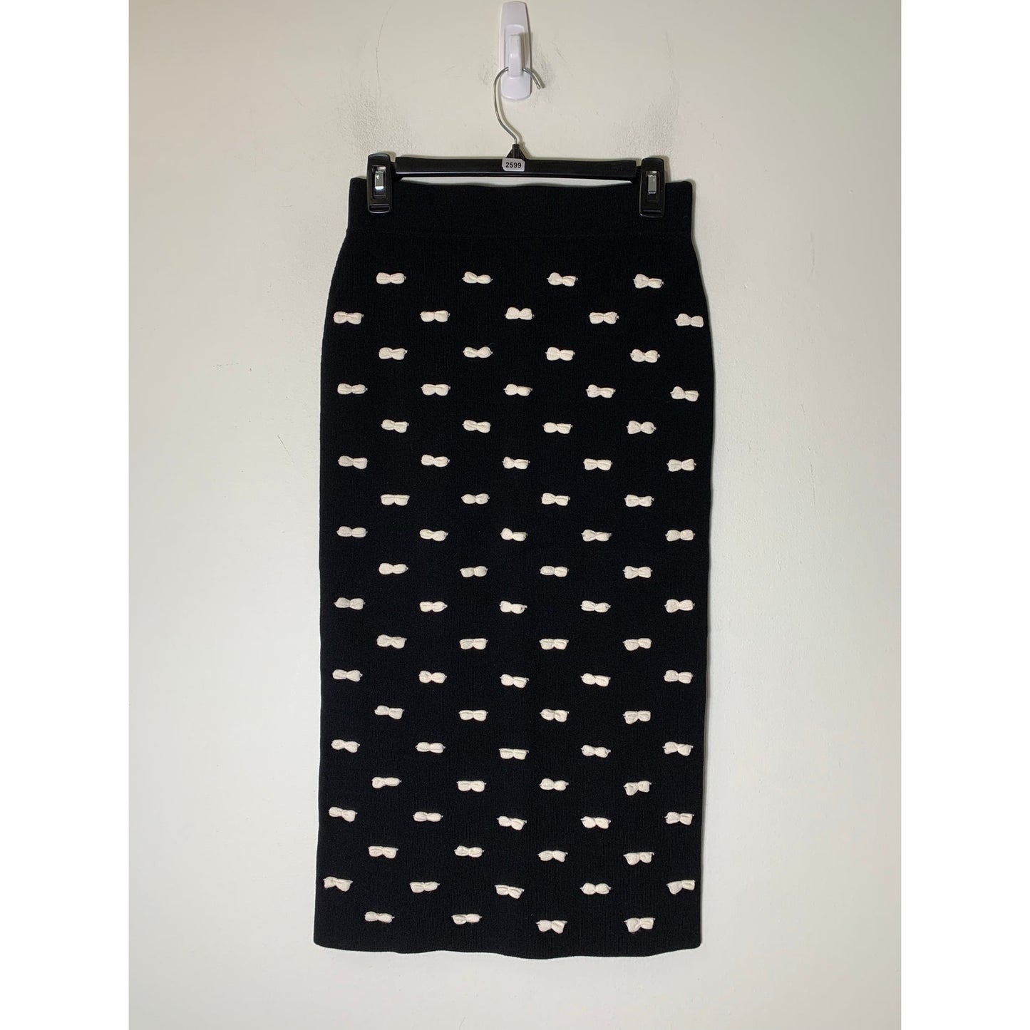 NWOT Pearl by Lela Rose Black Knit Pull On Midi Skirt with White Bows Sz S