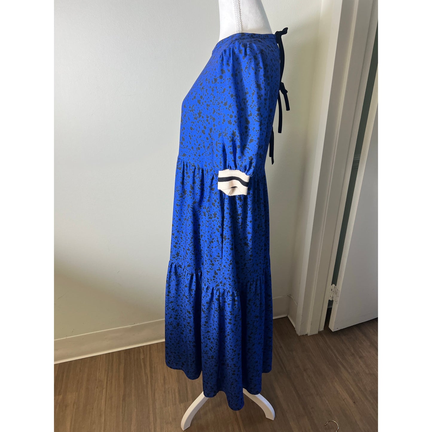 Crosby Blue And Black Speckled Tiered Short Sleeve Maxi Dress Sz Xs