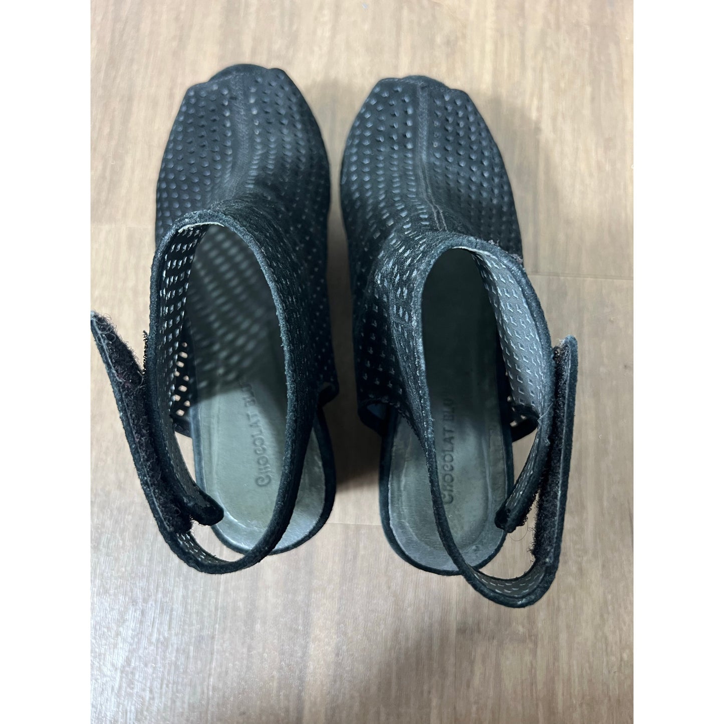 Chocolat Blue Black Laser Cut Ankle Mule Sandals Sz 7.5