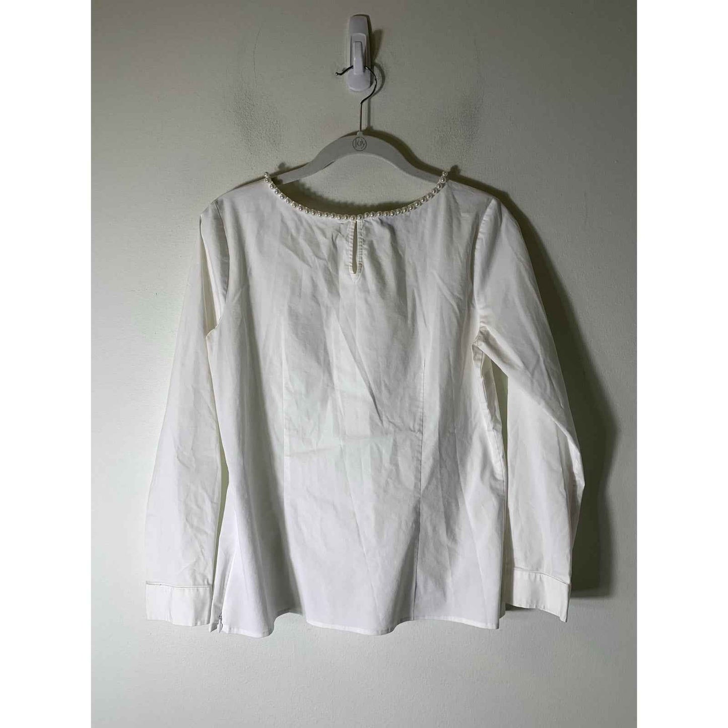 Talbots Petite White Long Sleeve Cotton Blend Top with Pearl Detailing Sz Small