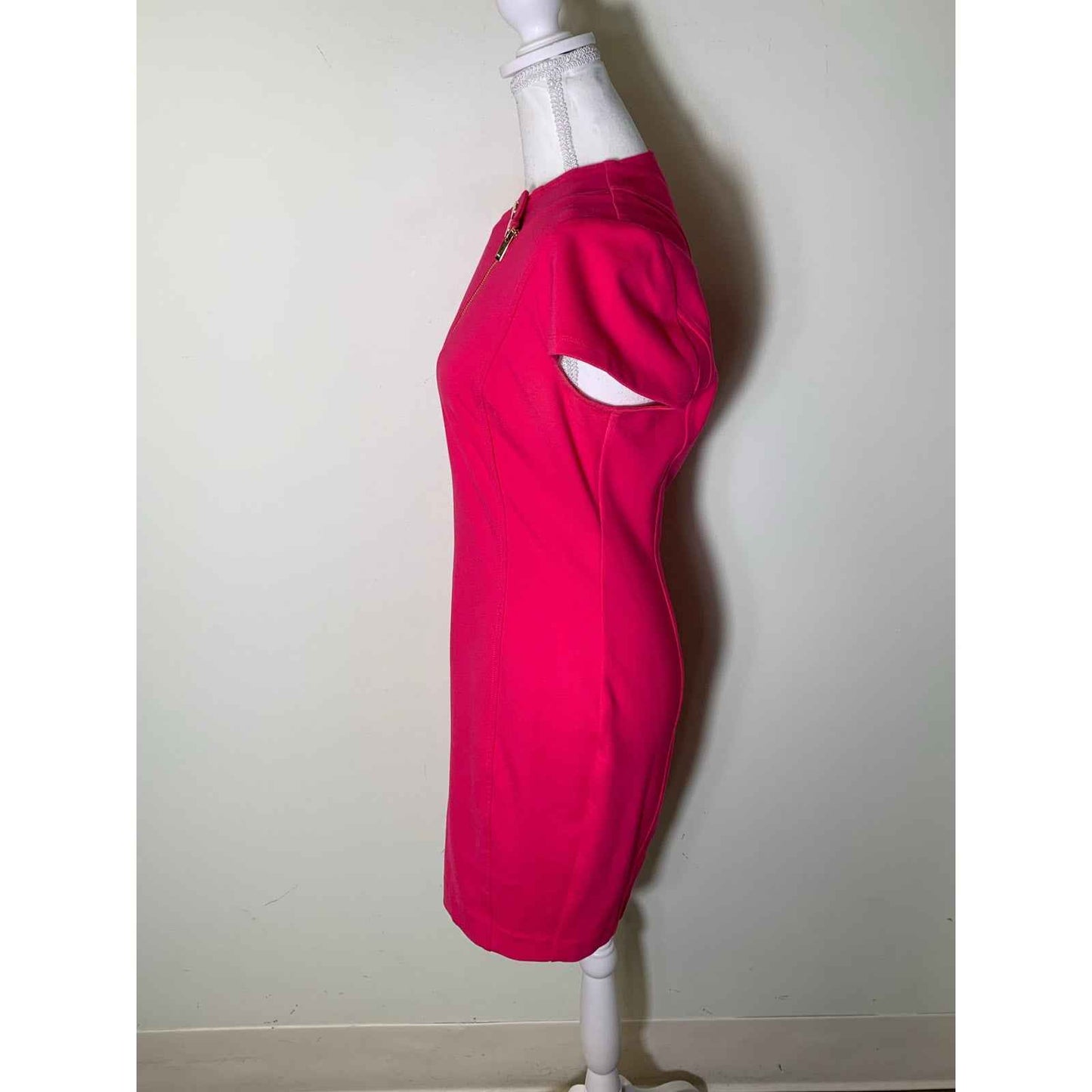 Karen Millen Hot Pink Cap Sleeve Knee Length Sheath Dress with Asymetrical Zip Sz 6