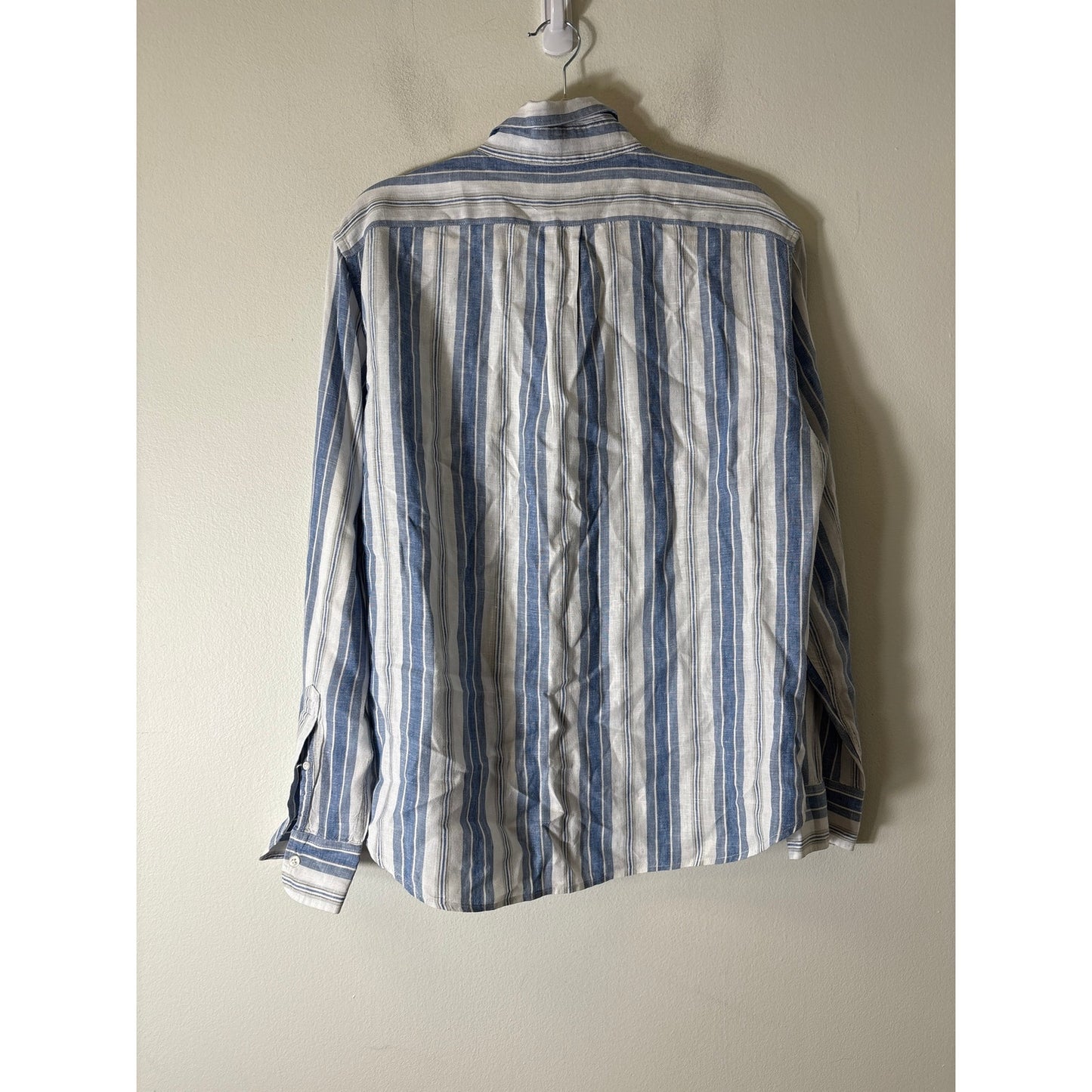 Men's J. Crew Blue White Stripe Long Sleeve Button Up Linen Shirt Sz L
