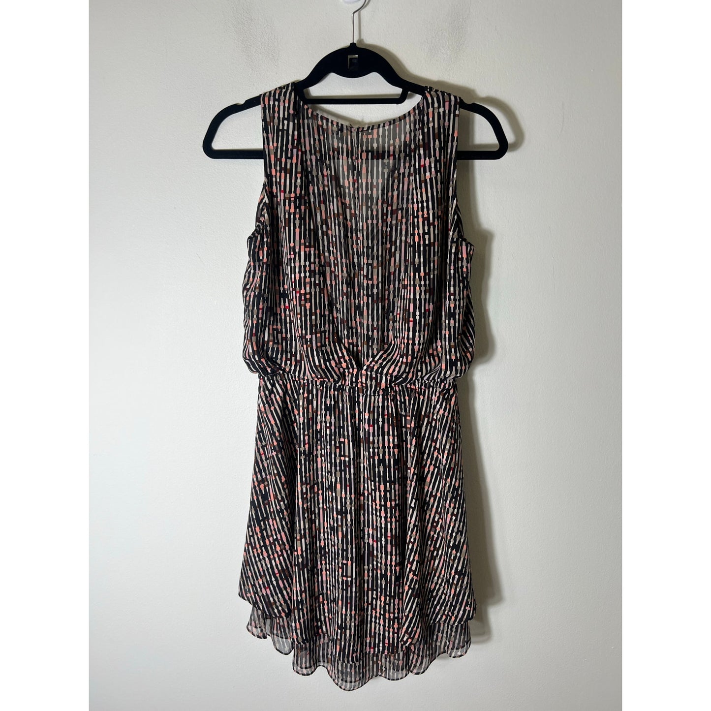 White House Black Market Black w Peach design V Neck Mini Sleeveless Dress Sz 4