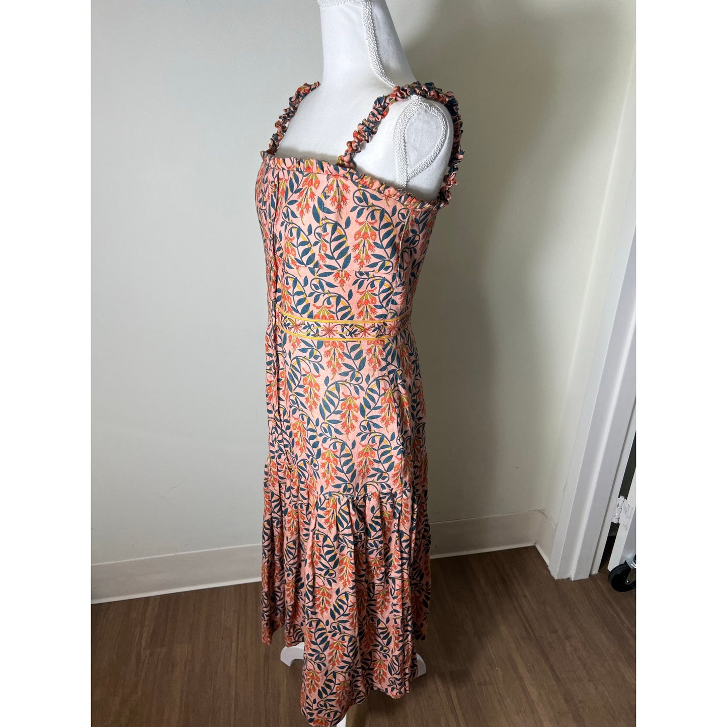 Agua Bendita Blush Floral Spaghetti Strap Button Up Linen Maxi Dress Sz L