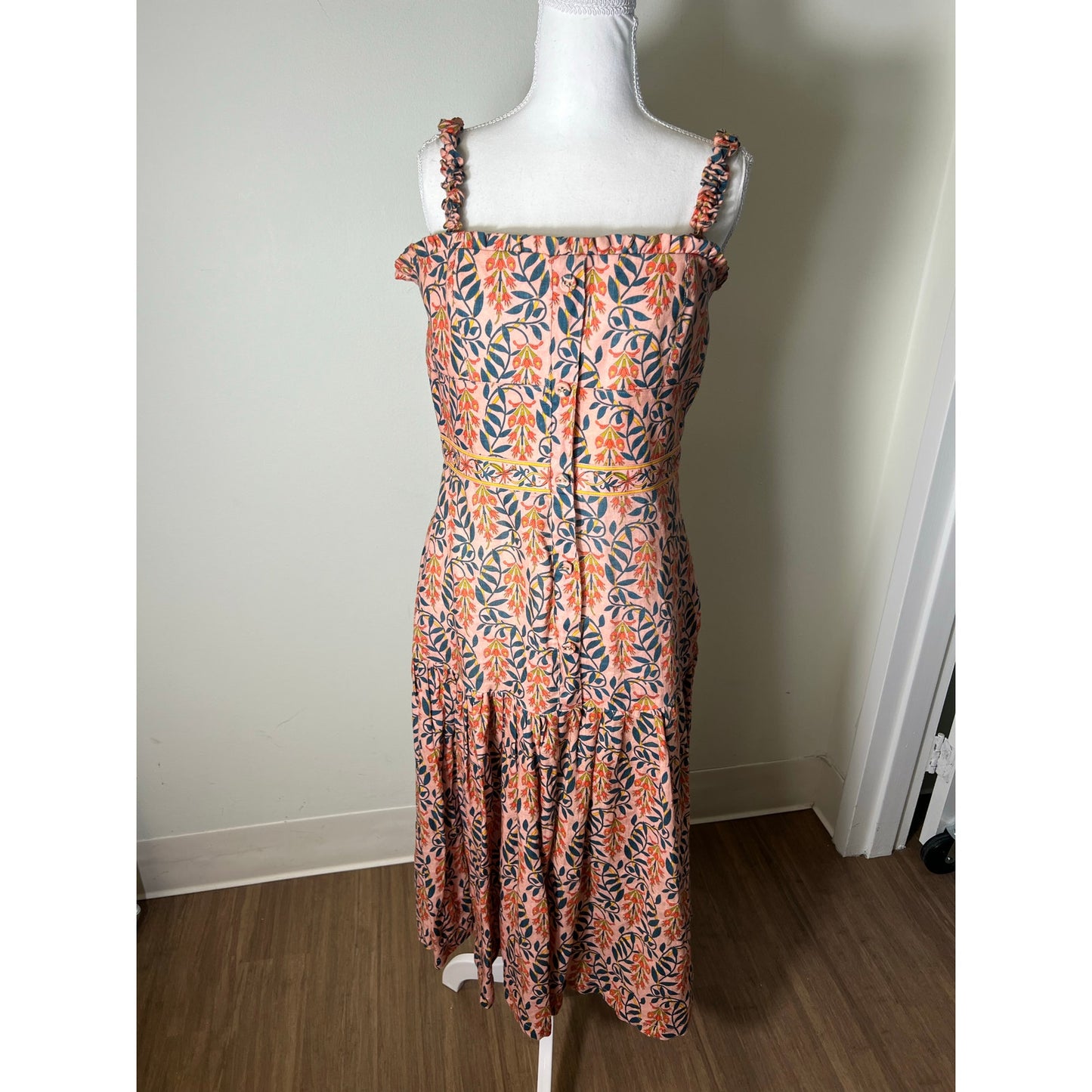 Agua Bendita Blush Floral Spaghetti Strap Button Up Linen Maxi Dress Sz L