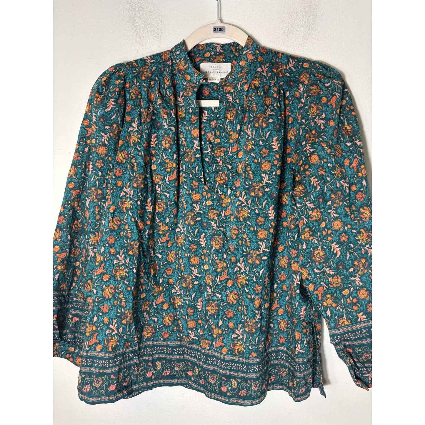 Travota Green and Orange Batik Print Cotton Shirt sz XS