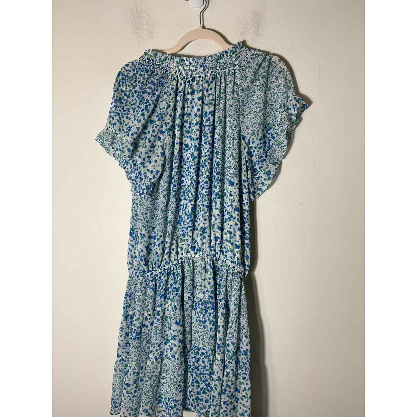 Hale Bob Green Blue Print Flutter Sleeve Mini Dress Sz M