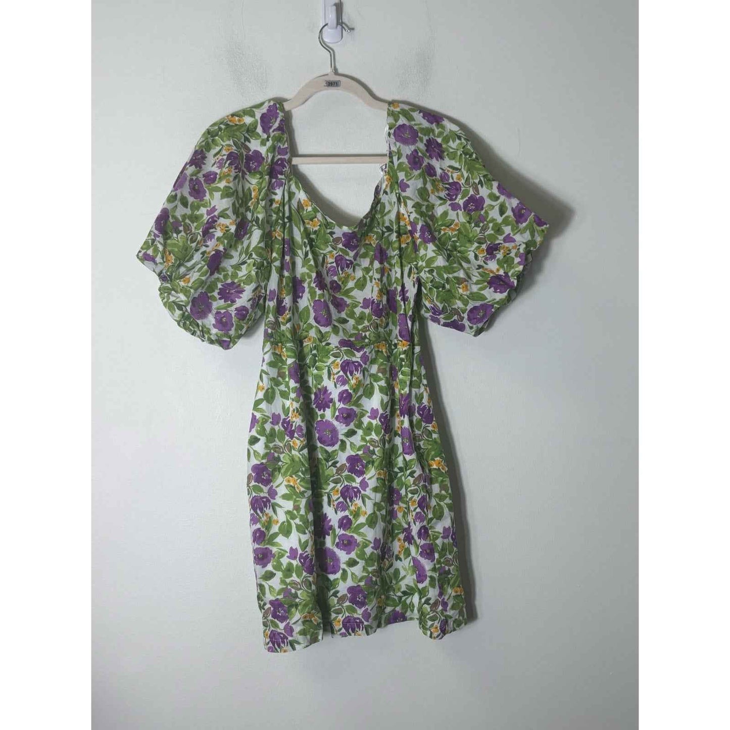 Milk and Honey Green and Purple Floral 1/2 Balloon Sleeve Cotton Dress Sz L