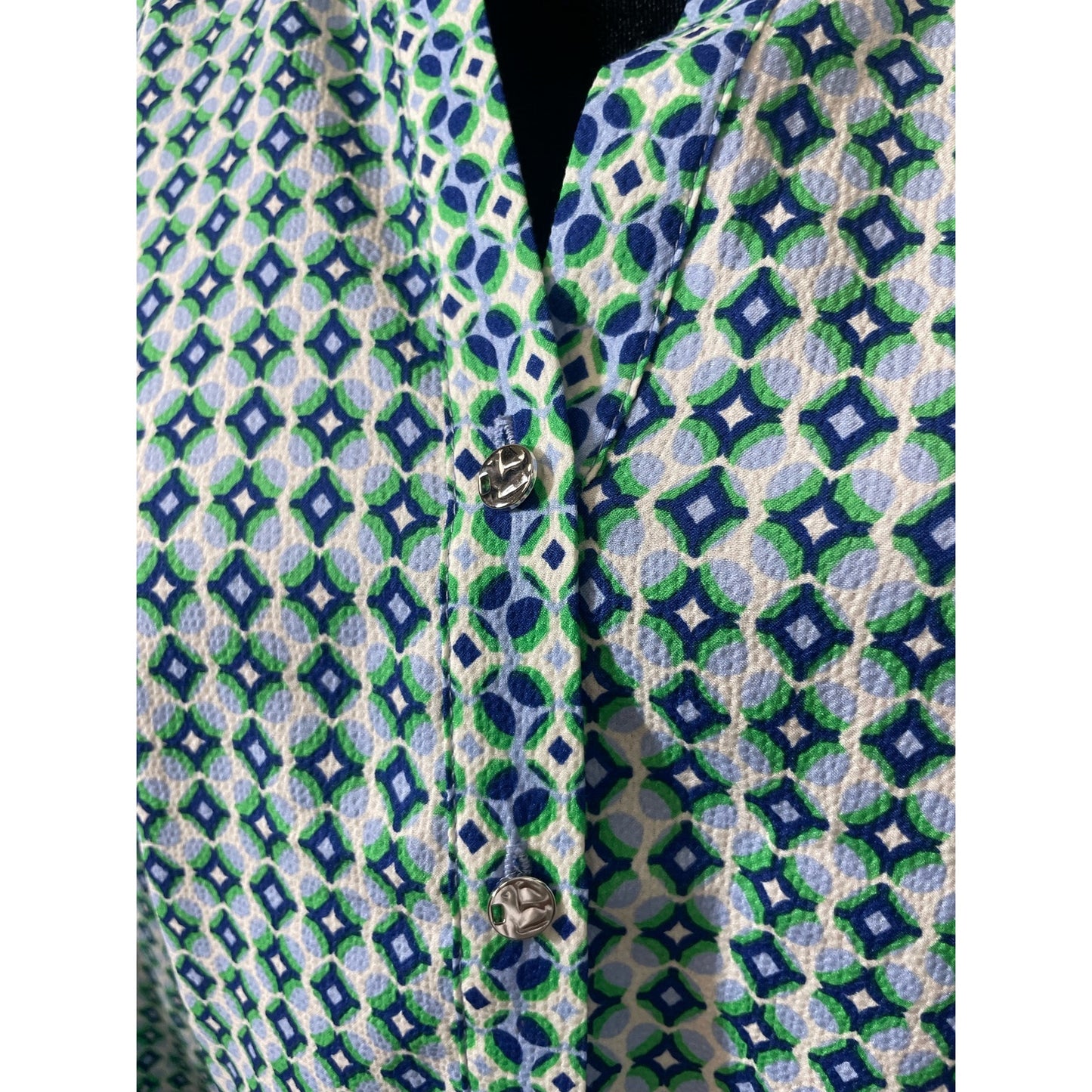 Carolina Belle Montreal Green and Blue Printed Button Down Blouse Sz S