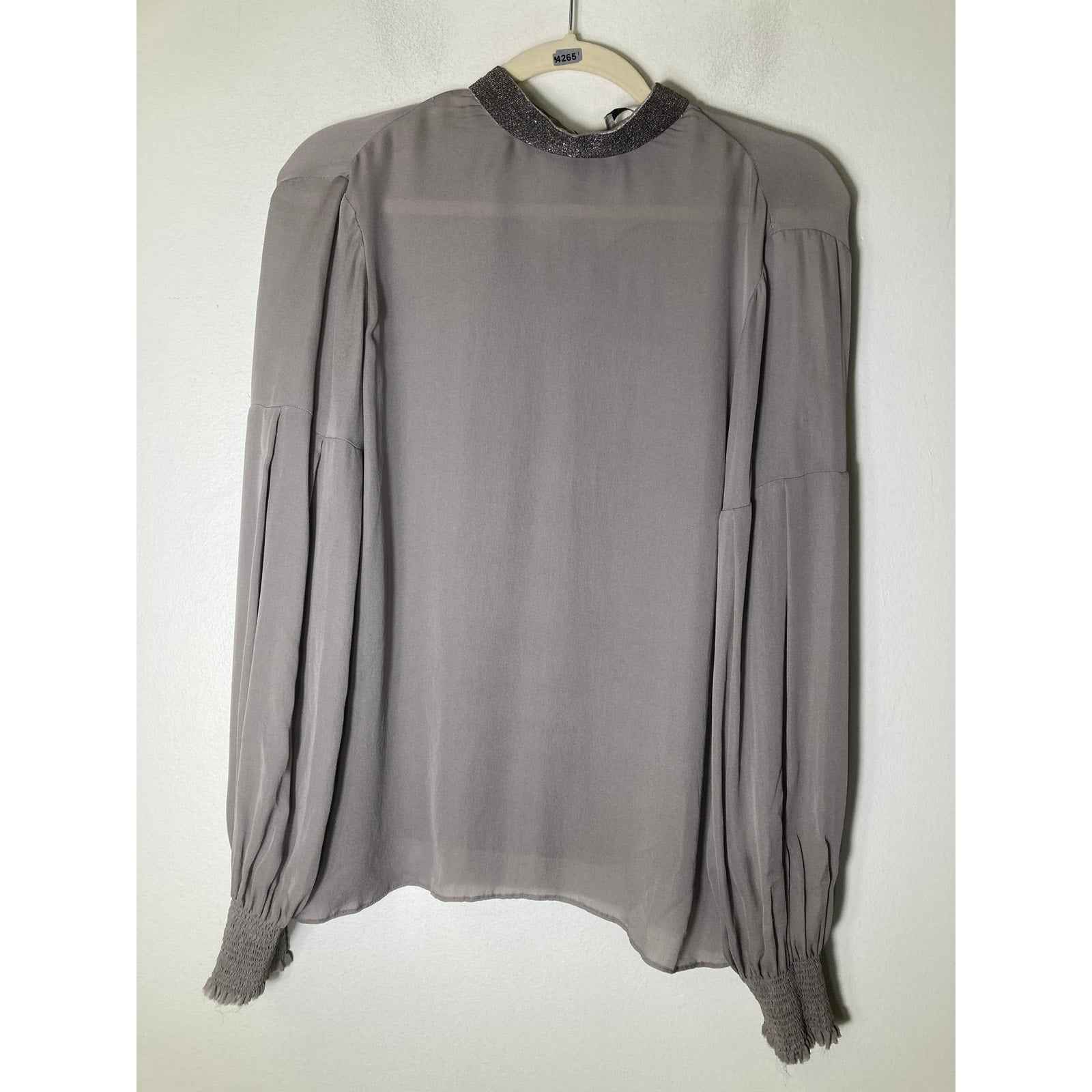 Go Silk Taupe Gray Long Sleeve Silk Semi Sheer Shirt w/ Smocked Cuffs Sz S