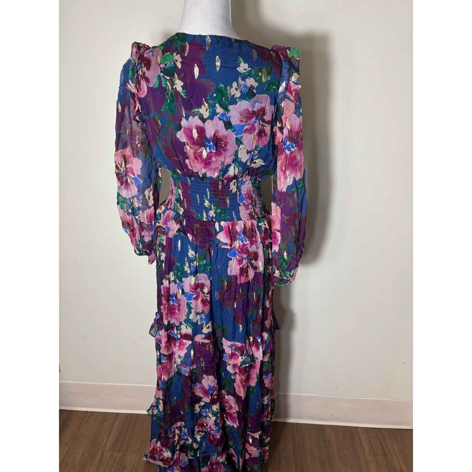 Shoshanna Midnight Multicolor Floral 3/4 Sleeve Maxi Dress Sz 10
