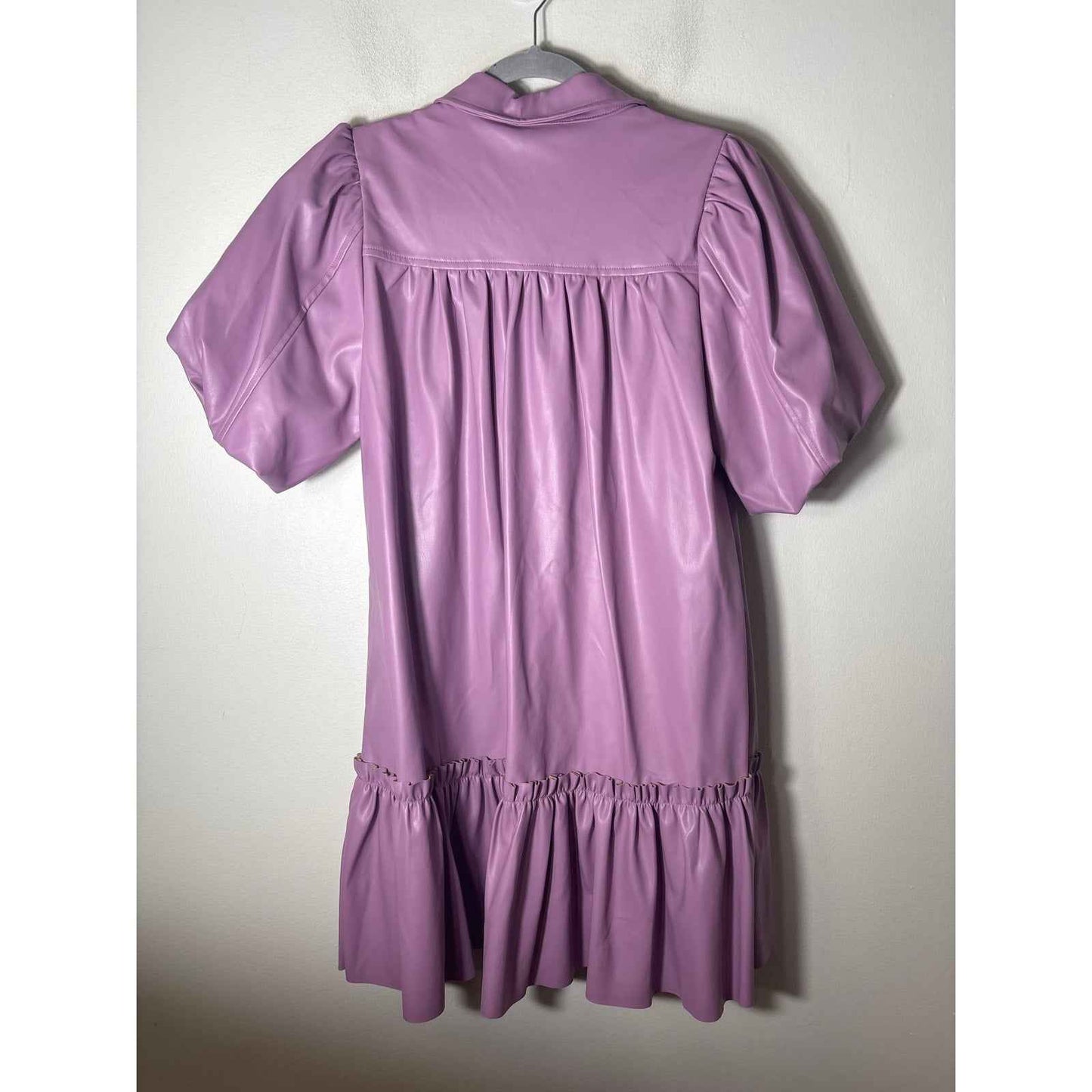 Karlie Lavender Short Puff Sleeve Pleather Snap Up Mini Dress Sz M