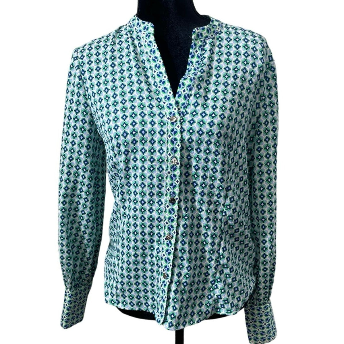 Carolina Belle Montreal Green and Blue Printed Button Down Blouse Sz S