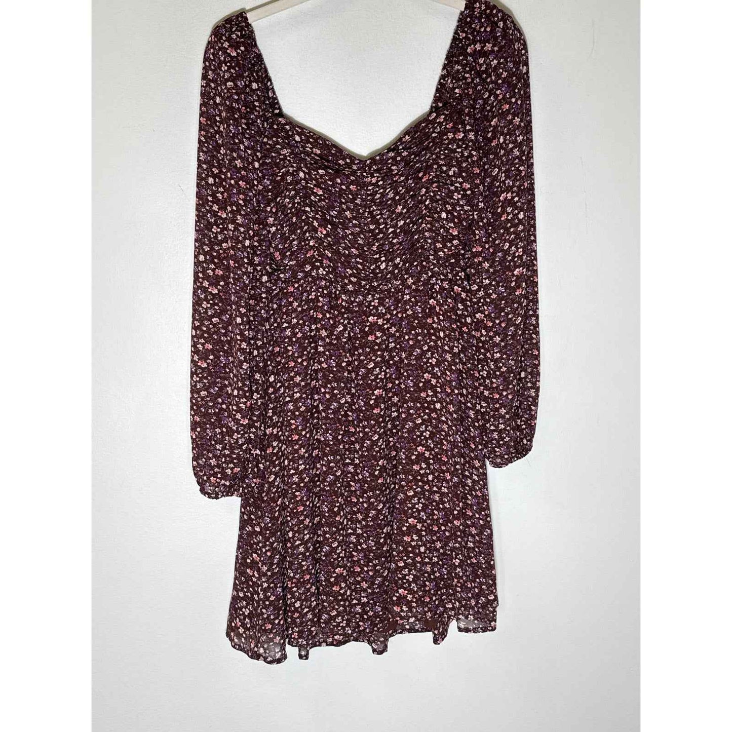 Lush Dark Purple Floral Long Puff Sleeve Smocked Mini Dress Sz S