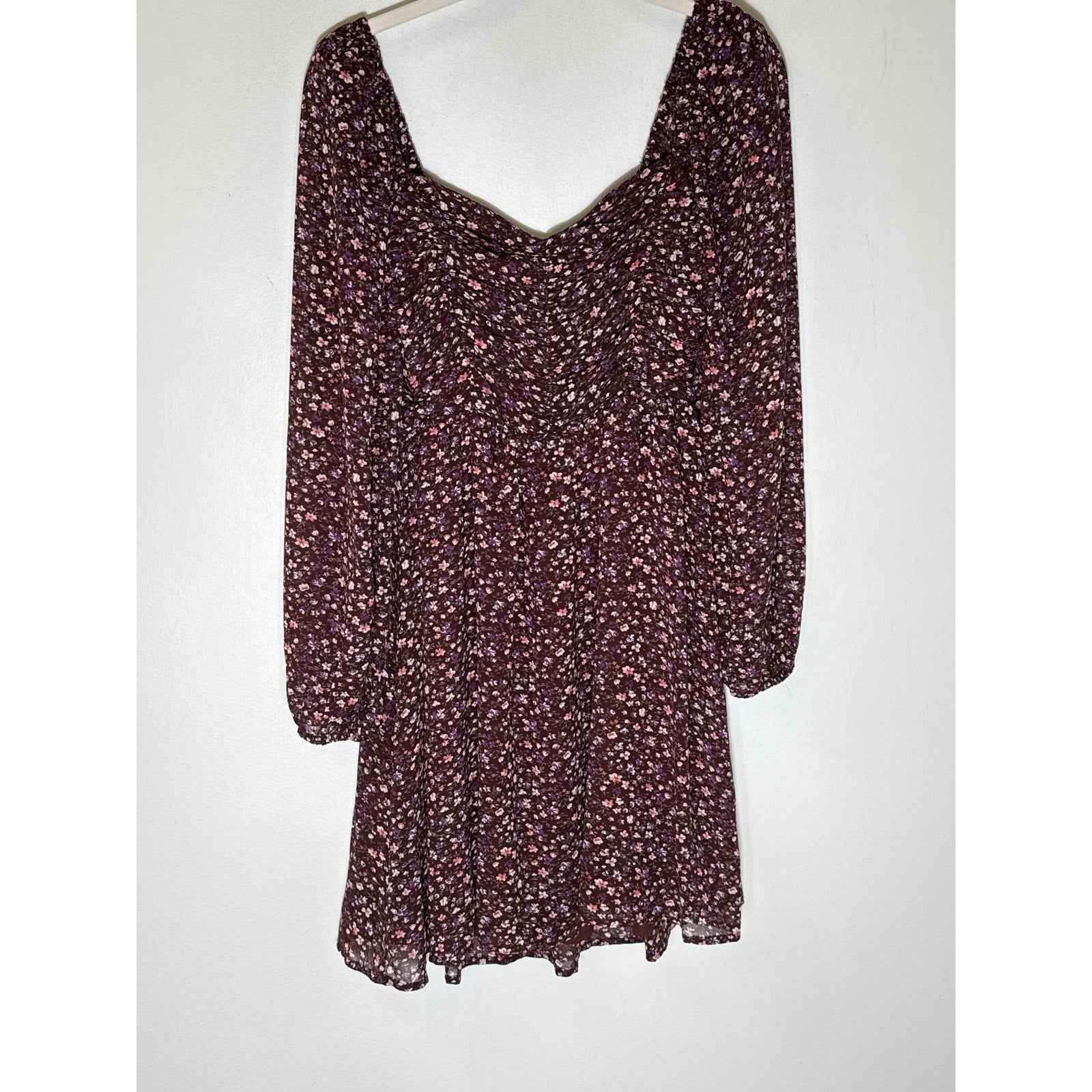 Lush Dark Purple Floral Long Puff Sleeve Smocked Mini Dress Sz S