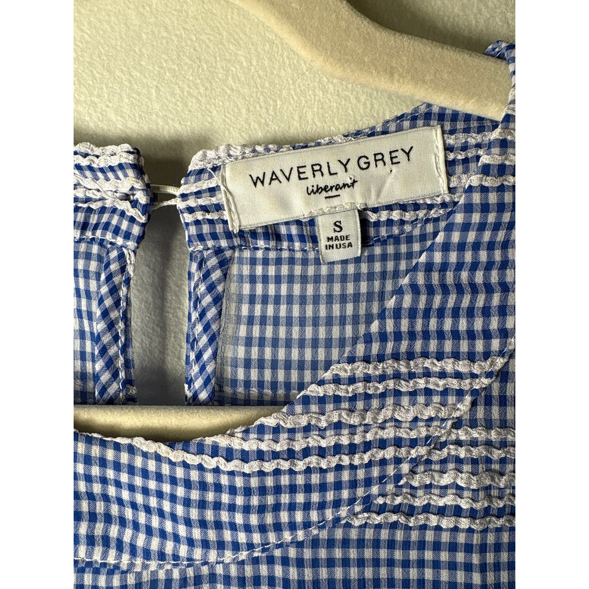 Waverly Gray Blue Gingham Sheer Cap Sleeve Shirt Sz S