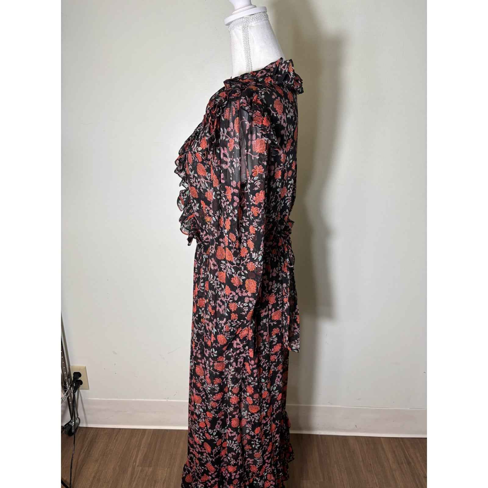 Misa Black & Orange Floral W/ Gold Thread Maxi Dress Sz M