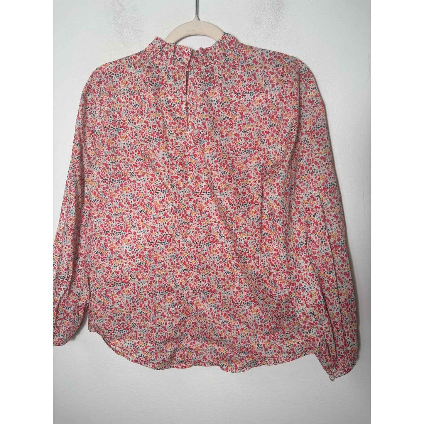 J Crew Long Sleeve Ruffle Neckline Pink/Red Floral Blouse Sz 2