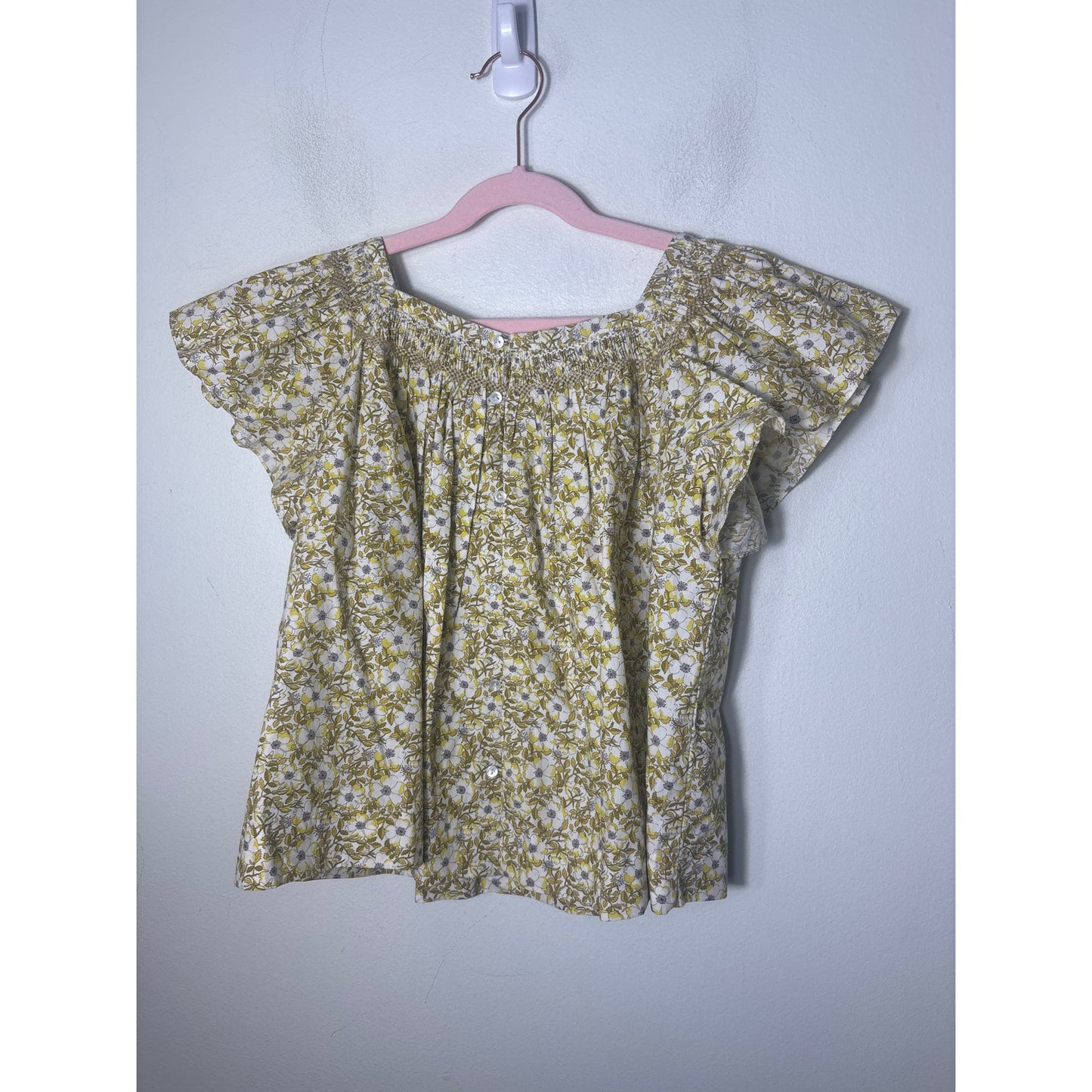 Girls Bonpoint Yellow Leaf Print Cap Sleeve Cotton Top Sz 10