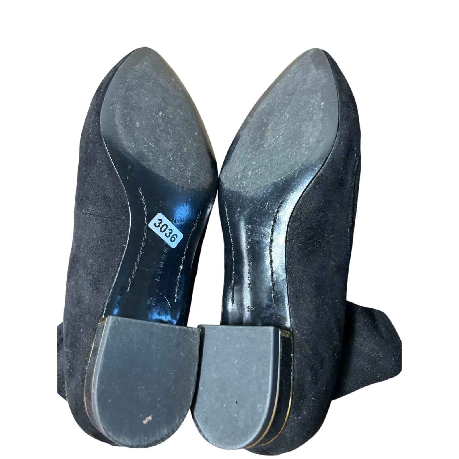 Zara Woman Black Faux Suede Flat Bootie with Gold Detailing Sz 35