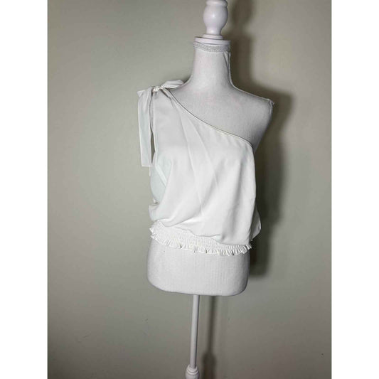 Amanda Uprichard White One Shoulder Cropped Smocked Waist Blouse Sz M