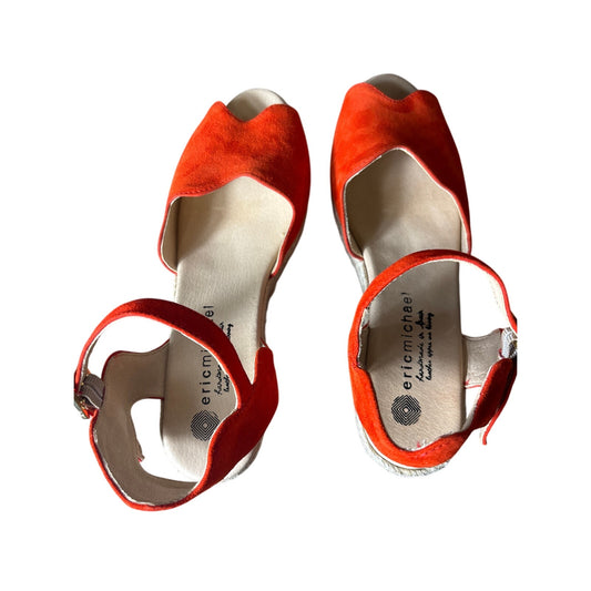 Eric Michael Orange Leather Wedge Espadrille Sandals Sz 38
