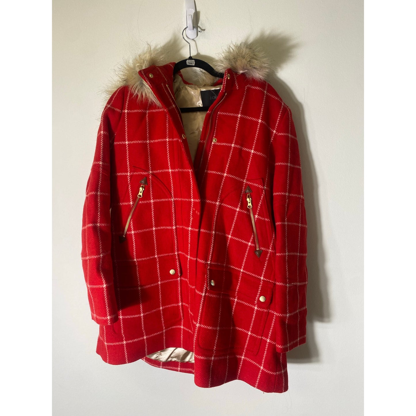 J. Crew Red White Plaid Heavy Wool Long Sleeve Coat Sz 10