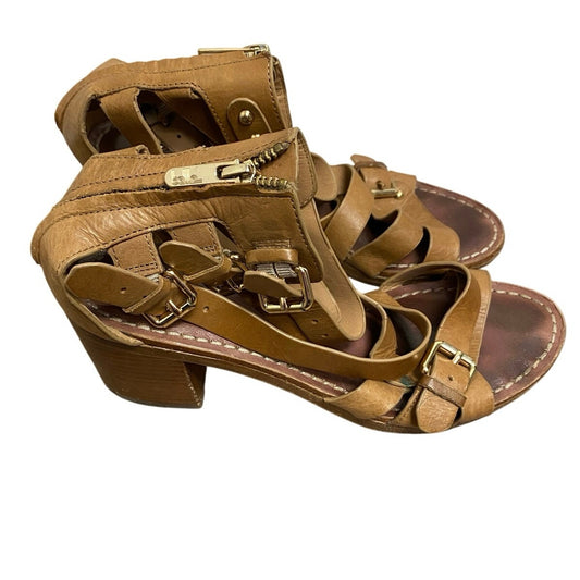 Belle Brown Leather Block Heeled Strappy Sandal Sz 8