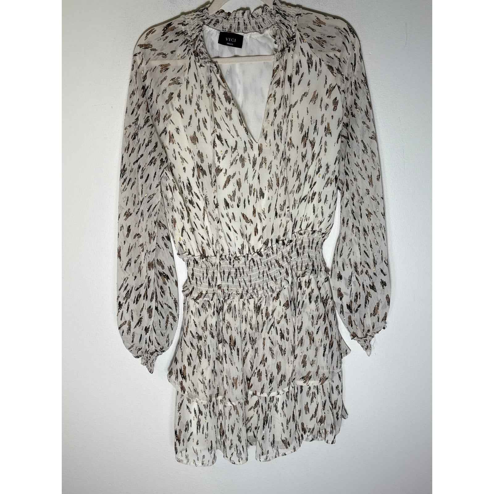 VICI Off White Long Sleeve V-Neck Blouson Dress Sz S