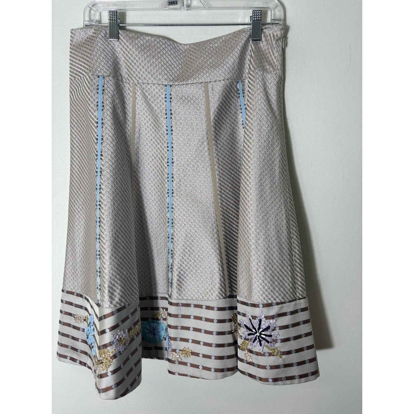 Per Se Gray Embroidered A Line Silk Knee Length Skirt Sz 10
