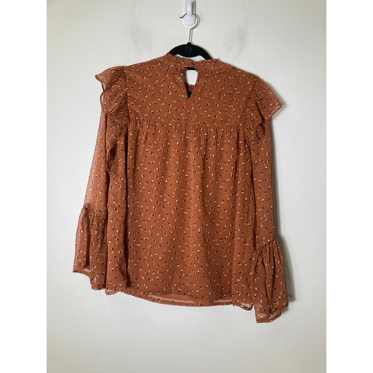 Jade Brown Navy Dot Smocked Chest Blosue Sz Xs