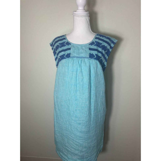 Roller Rabbit Teal Sleeveless Embroidered Linen Dress Sz XS