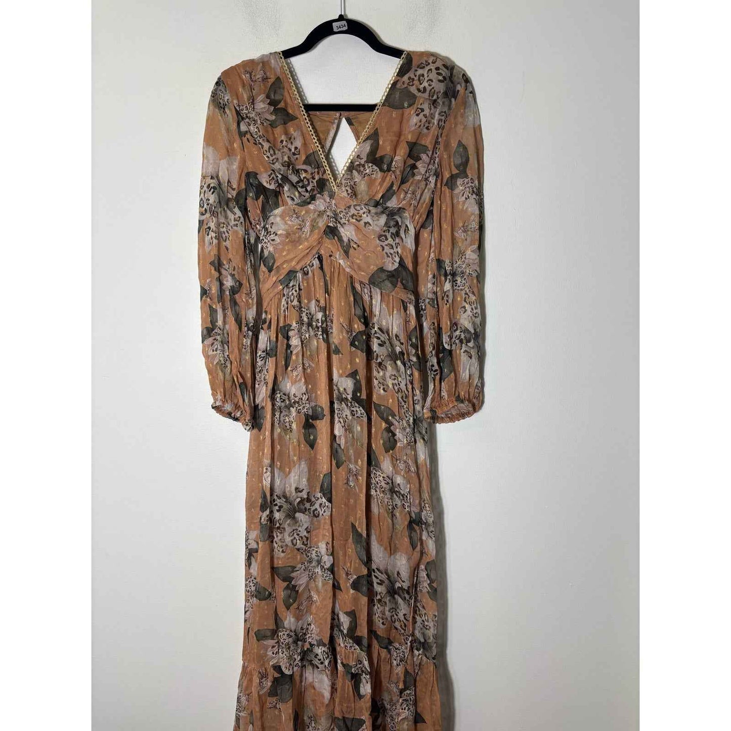 NWT Z & L Dark Orange Tan Floral Long Sleeve Open Back Maxi Dress Sz M