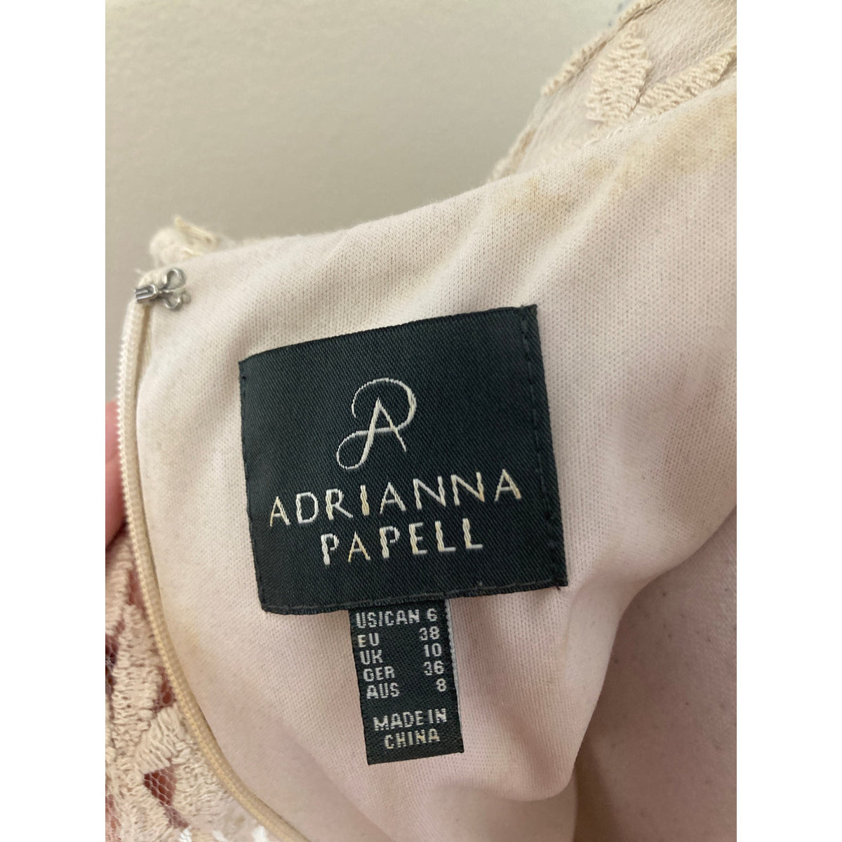 Adrianna Papell Bone Sleeveless Knee Length Dress with Lace Overlay Sz 6