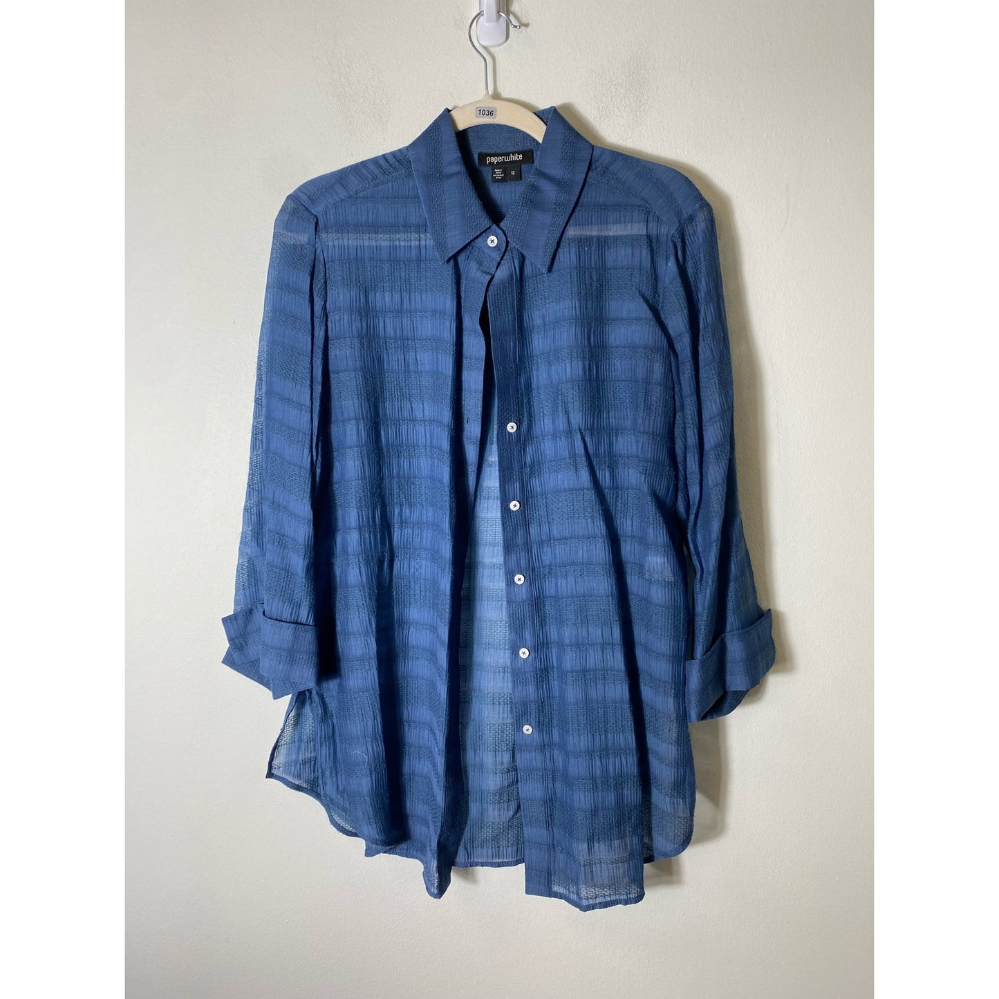 Paperwhite Sheer Blue 3/4 Sleeve Button Front Shirt Sz 12