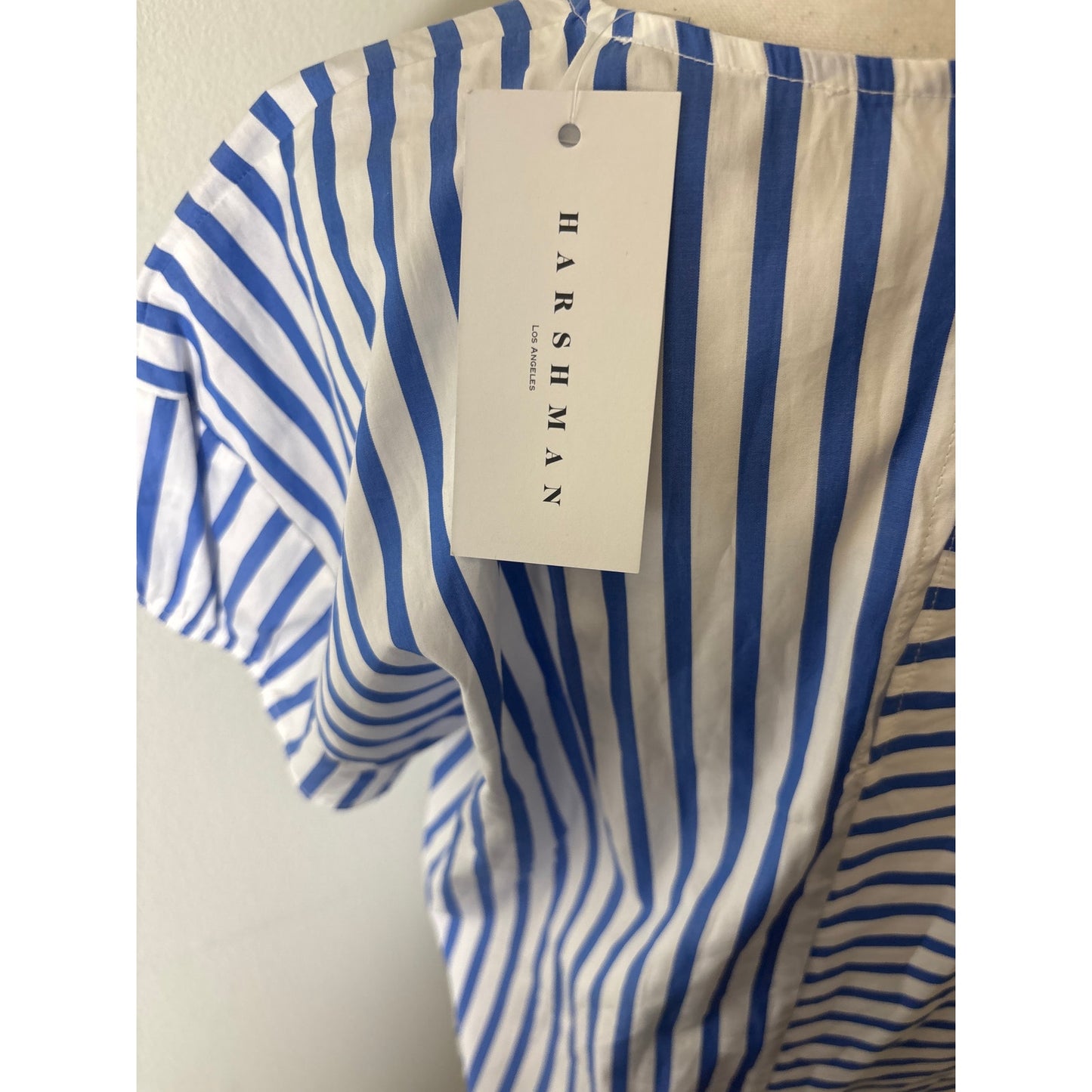 NWT Harshman Blue White Stripe Cap Sleeve V-Neck Cotton Shirt Sz M