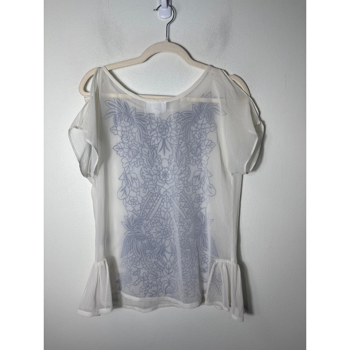 Baraschi Sheer Cream with Blue Embroidery Cold Shoulder Cap Sleeve Sz XS