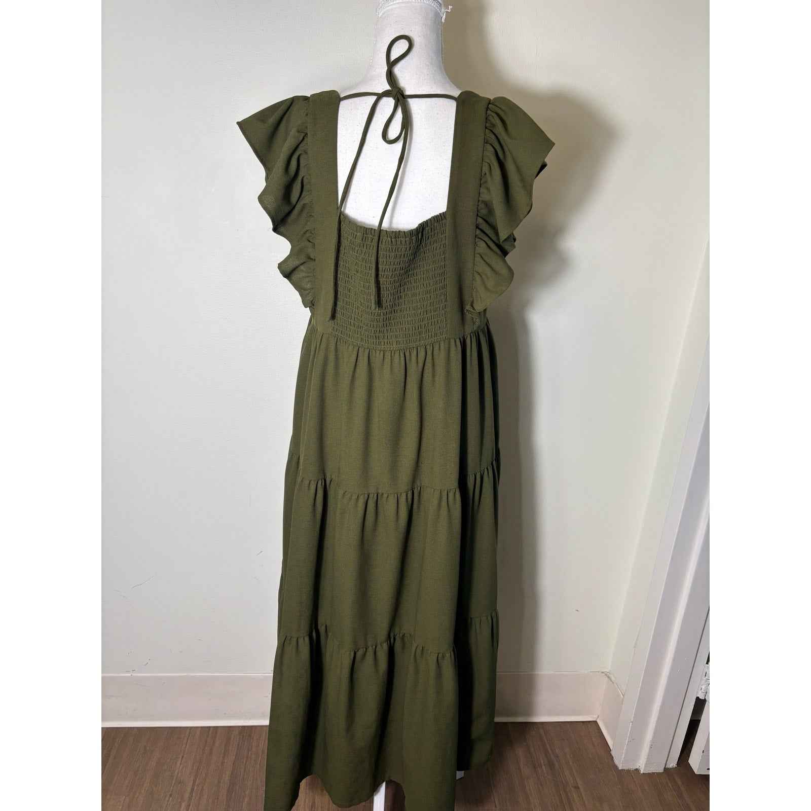 Crosby Olive Green Square Neck Ruffled Sleeveless Straps Midi Tiered Dress Sz M