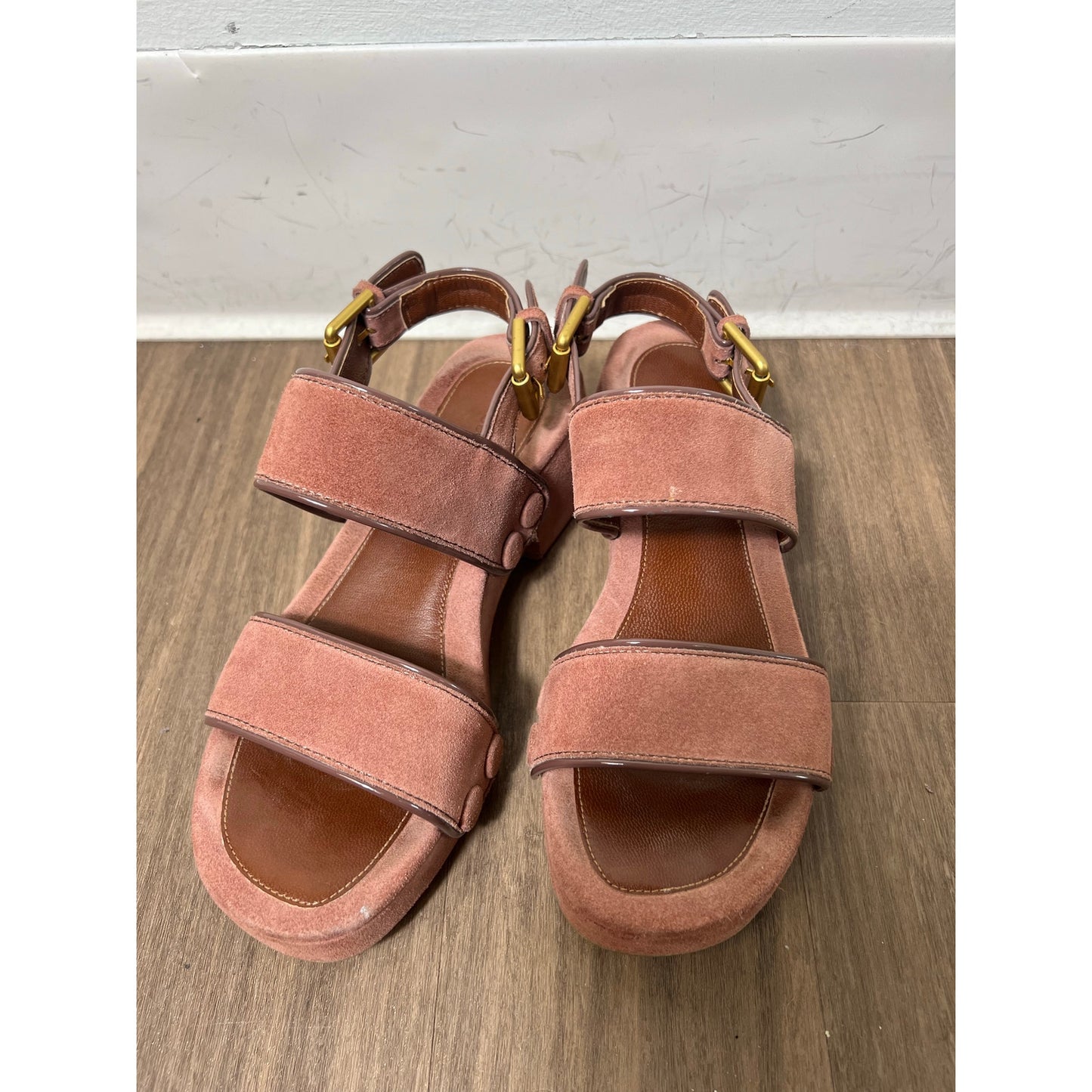 See By Chloe Brown Leather Chunky Heels with Gold Buckle Ankle Strap Sz 38