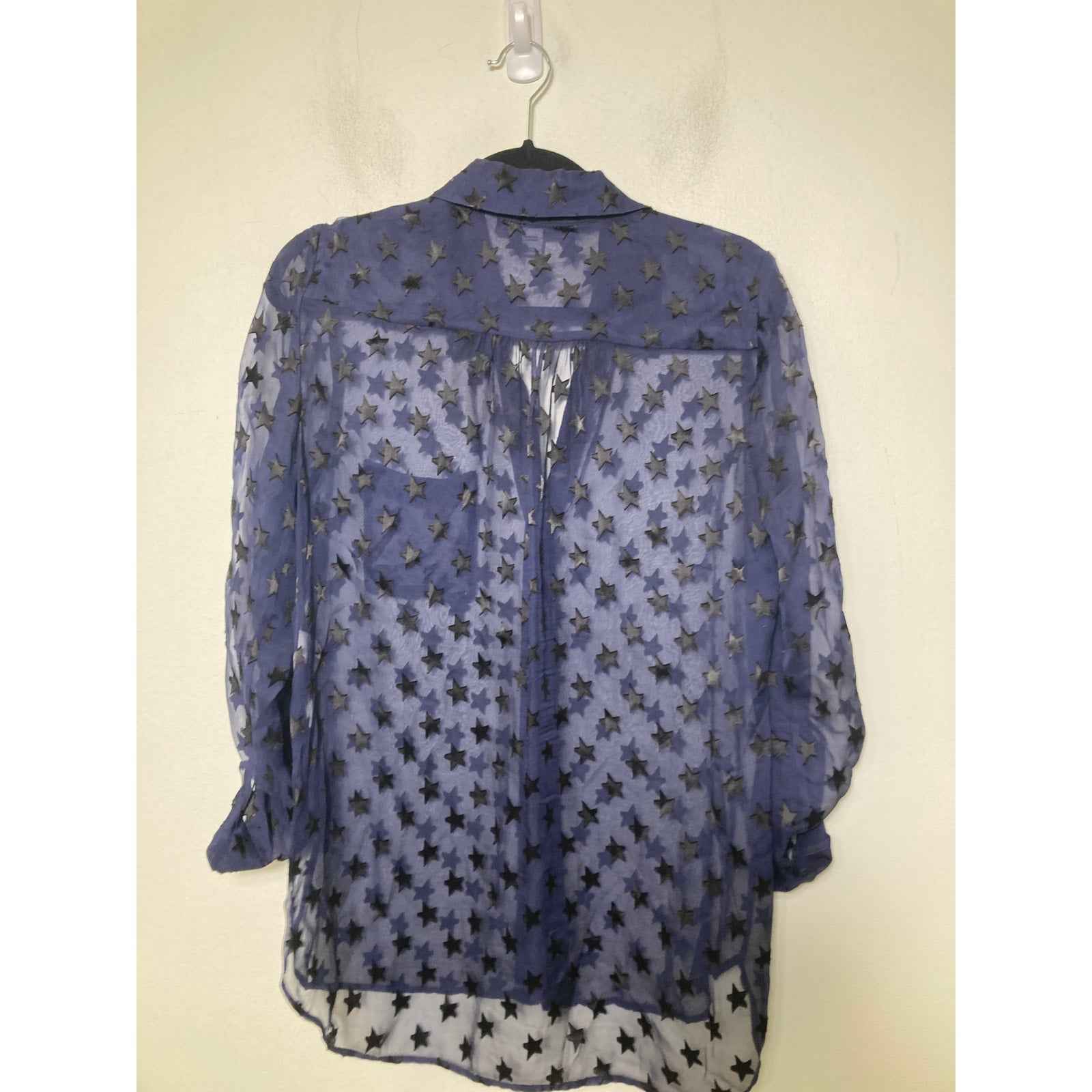 Diane Von Furstenberg Sheer Navy Long Sleeve Button Up Shirt Sz 6