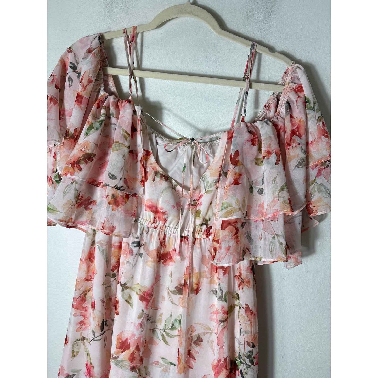 BB Dakota Peachy Pink Floral Off the Shoulder Ruffle MAxi Dress Sz XS