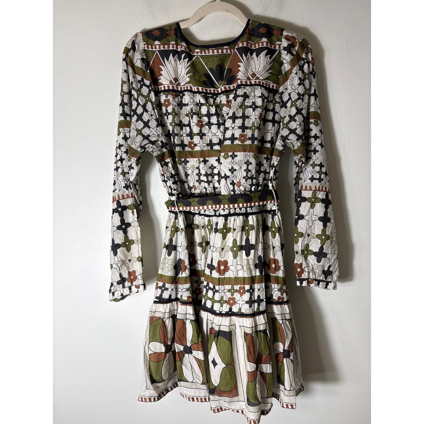 Cleobella Brown Green Long Sleeve V-Neck A-Line Mini Dress Sz M