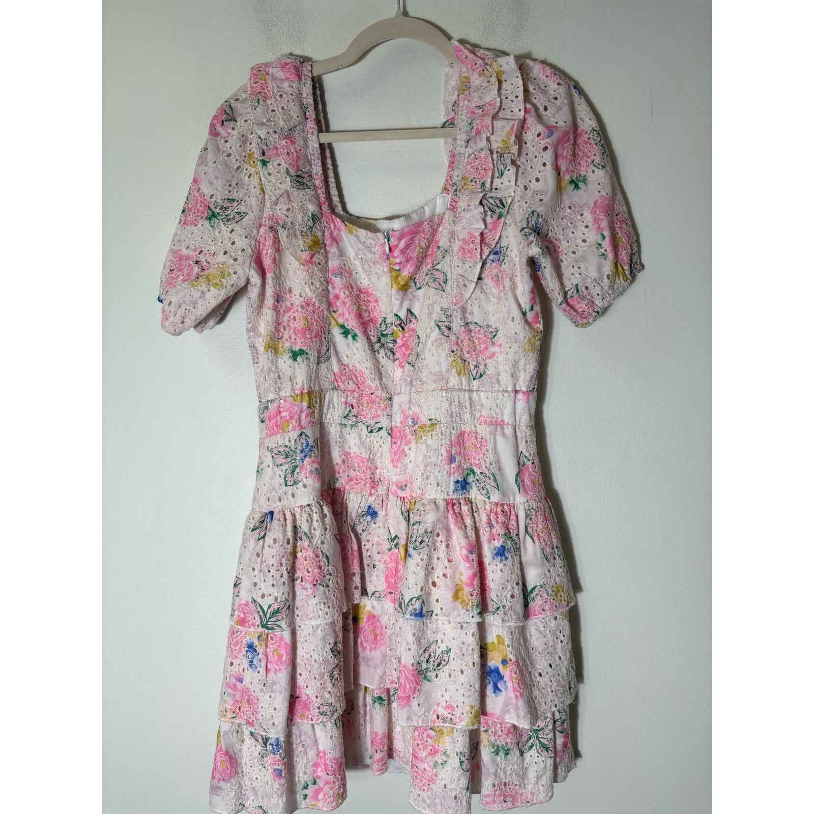 Adelyn Rae Pink Floral Eyelet Half Sleeve Tiered Ruffle Mini Dress Sz M