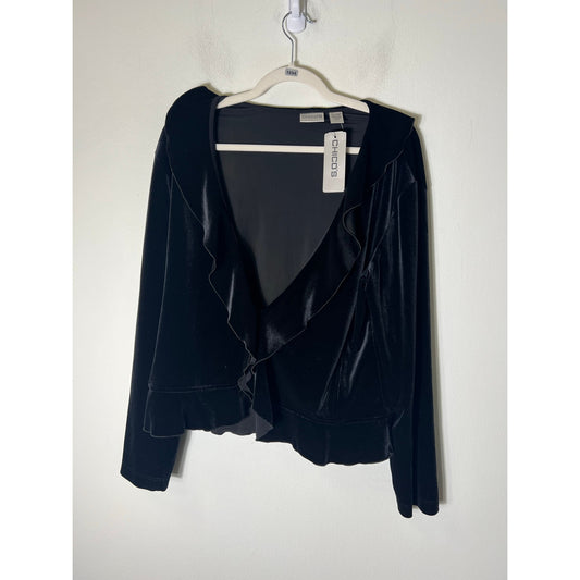 NWT Chicos Black Long Sleeve Velour Ruffle Cardigan Sz 3